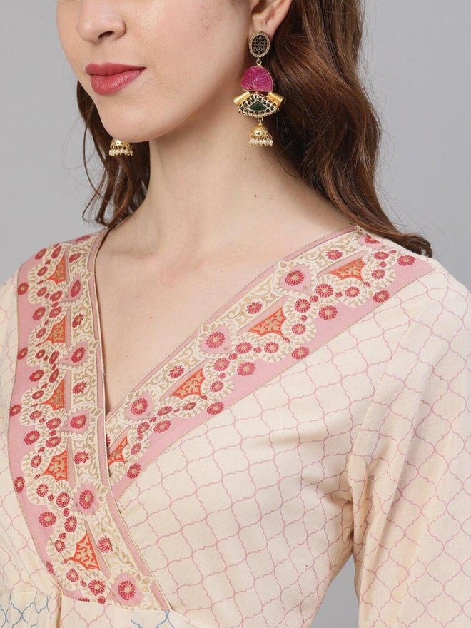 ISHIN Women Beige Printed Kurta with Anarkali Dupatta Set - Image 4